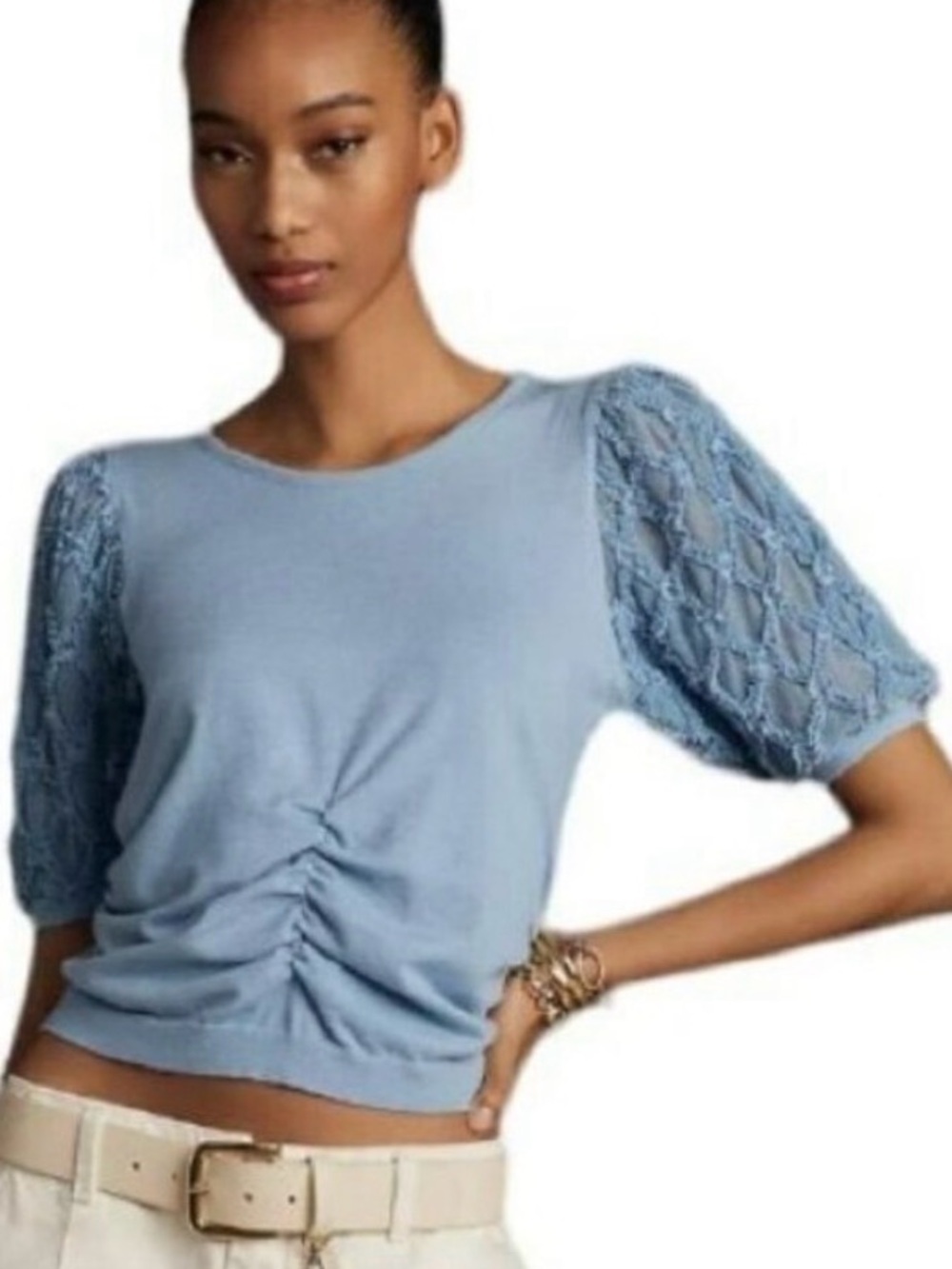 $118 Anthropologie Lace Puff Sleeve Ruched Crop Knit Boho Top Size Small NWT